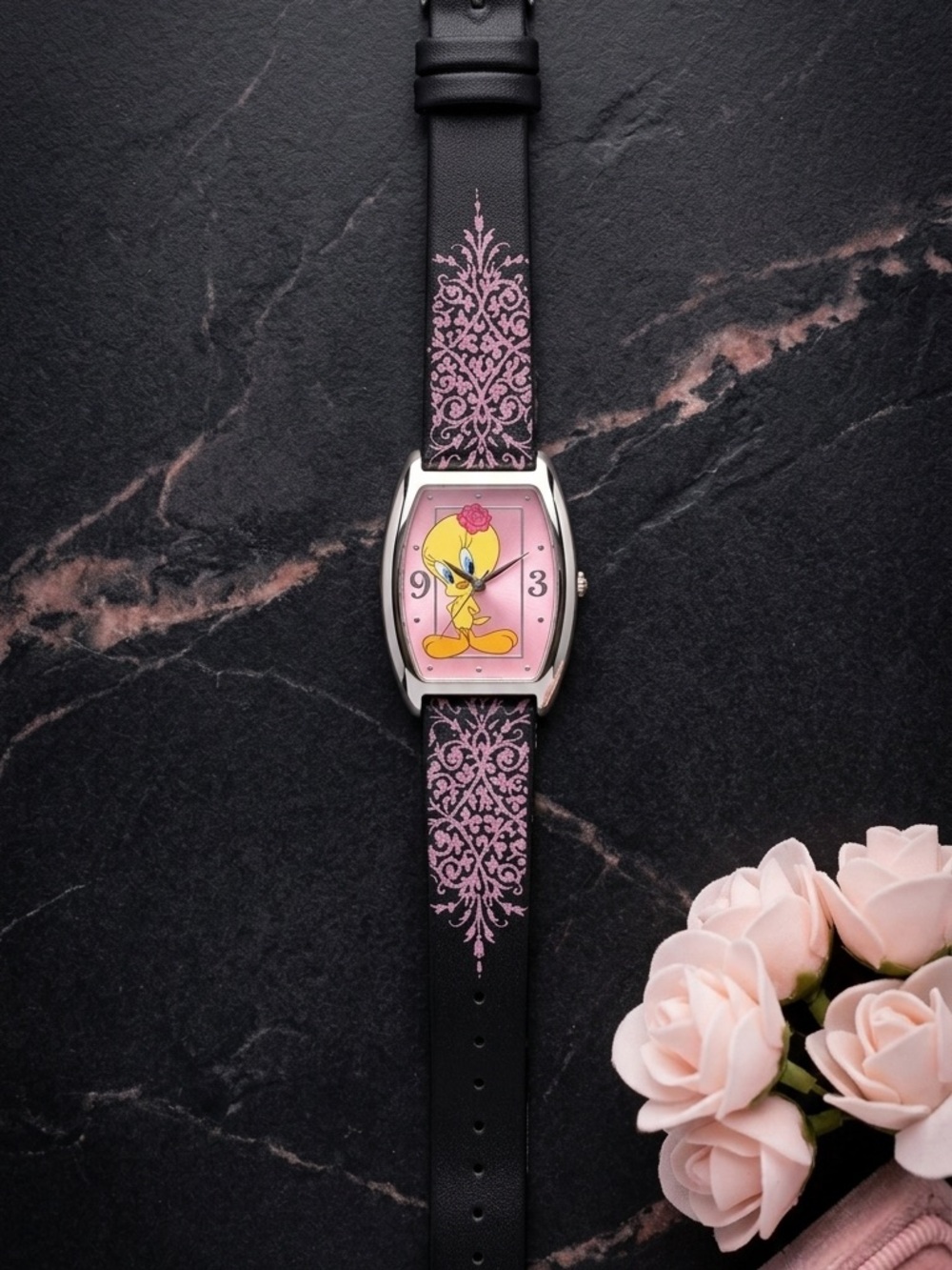 Tweety Character Pink Dial Watch with Decorative Black Strap vintage